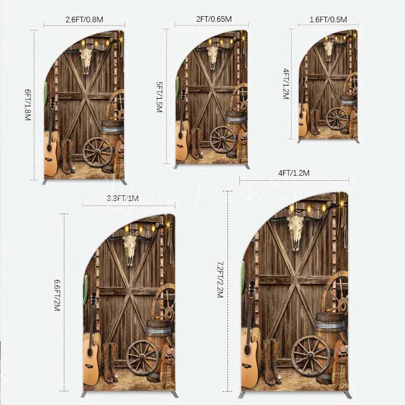 Lofaris Western Cowboy Half Moon Arch Backdrop Saloon Wood Door with Bull Skull and Barrel Background Rustic Birthday Party Decor