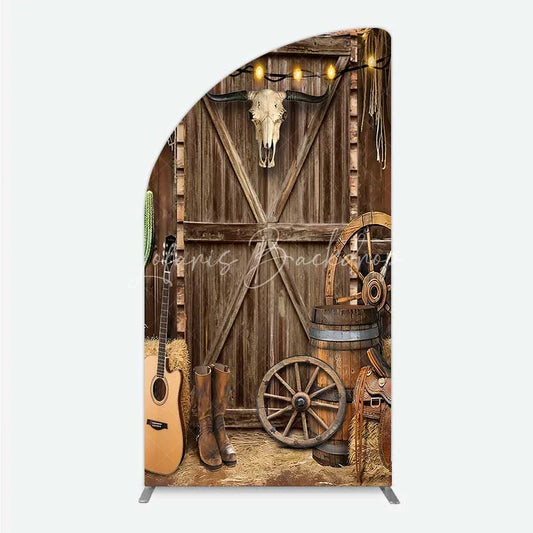 Lofaris Western Cowboy Half Moon Arch Backdrop Saloon Wood Door with Bull Skull and Barrel Background Rustic Birthday Party Decor