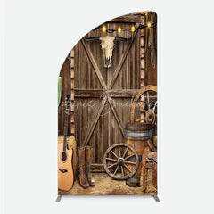 Lofaris Western Cowboy Half Moon Arch Backdrop Saloon Wood Door with Bull Skull and Barrel Background Rustic Birthday Party Decor