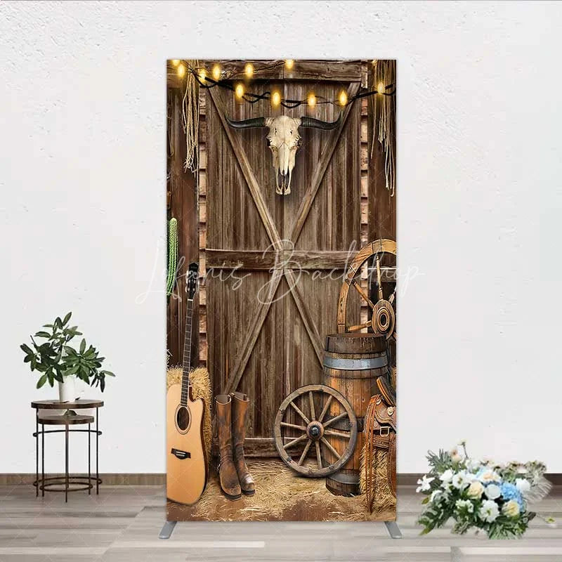 Lofaris Western Cowboy Rectangle Backdrop Saloon Wood Door with Bull Skull and Barrel Background Rustic Birthday Party Decor