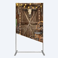Lofaris Western Cowboy Rectangle Backdrop Saloon Wood Door with Bull Skull and Barrel Background Rustic Birthday Party Decor