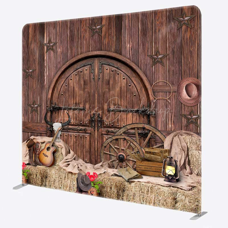 Lofaris Western Saloon Tension Fabric Backdrop Rustic Barn Door and Hay Bales Wild West Cowboy Themed Photo Prop
