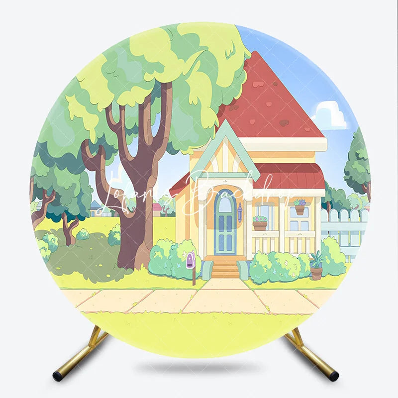 Lofaris Whimsical Animated Family House with Red Roof and Green Trees Round Backdrop Sunny Day Kids Birthday Party Decoration