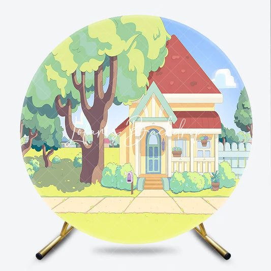 Lofaris Whimsical Animated Family House with Red Roof and Green Trees Round Backdrop Sunny Day Kids Birthday Party Decoration