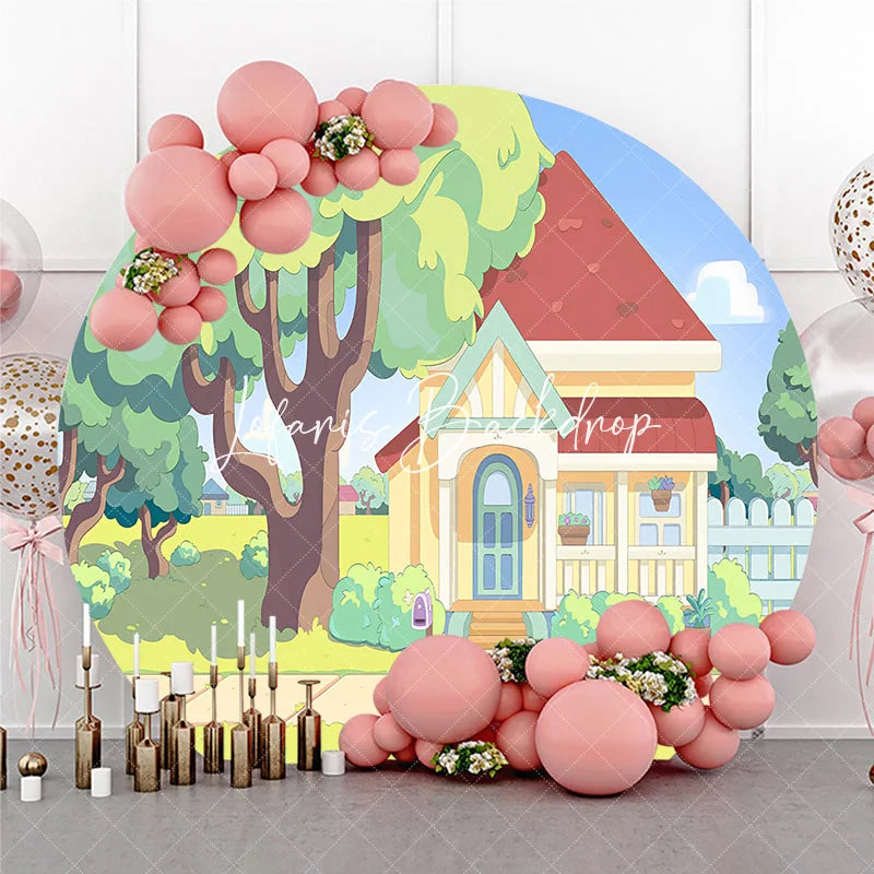 Lofaris Whimsical Animated Family House with Red Roof and Green Trees Round Backdrop Sunny Day Kids Birthday Party Decoration