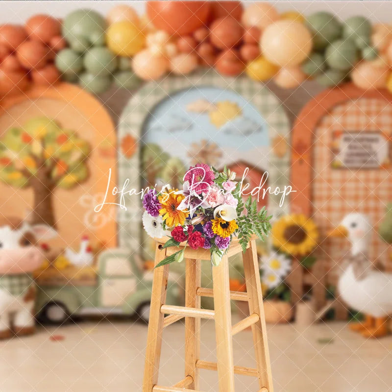 Lofaris Whimsical Autumn Farm Photography Backdrop with Barn Windmill Cow Goose and Fall Balloons for Baby Shower Birthday
