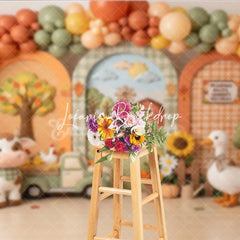 Lofaris Whimsical Autumn Farm Photography Backdrop with Barn Windmill Cow Goose and Fall Balloons for Baby Shower Birthday