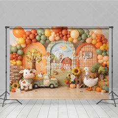 Lofaris Whimsical Autumn Farm Photography Backdrop with Barn Windmill Cow Goose and Fall Balloons for Baby Shower Birthday