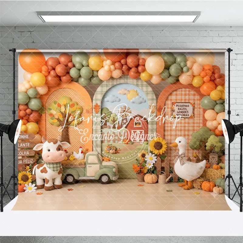 Lofaris Whimsical Autumn Farm Photography Backdrop with Barn Windmill Cow Goose and Fall Balloons for Baby Shower Birthday