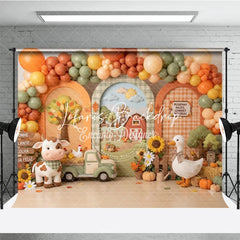 Lofaris Whimsical Autumn Farm Photography Backdrop with Barn Windmill Cow Goose and Fall Balloons for Baby Shower Birthday