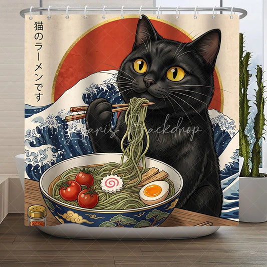 Lofaris Whimsical Black Cat Eating Ramen Shower Curtain Japanese Great Wave and Red Sun Art Design for Bathroom Decor