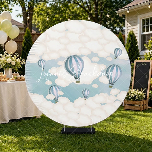 Lofaris Whimsical Blue and White Hot Air Balloon Clouds Sky Round Backdrop for Baby Shower Birthday Party