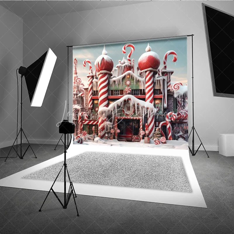 Lofaris Whimsical Candy House Photography Backdrop with Red and White Canes Snowy Winter Wonderland Holiday Decor
