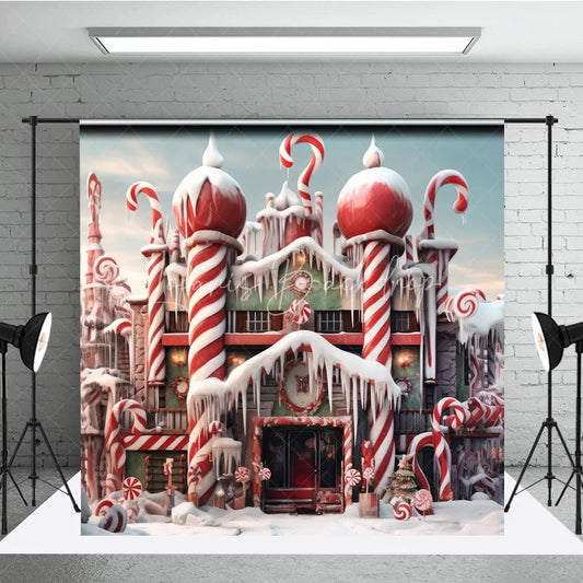Lofaris Whimsical Candy House Photography Backdrop with Red and White Canes Snowy Winter Wonderland Holiday Decor