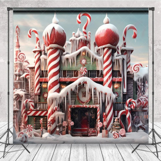 Lofaris Whimsical Candy House Photography Backdrop with Red and White Canes Snowy Winter Wonderland Holiday Decor
