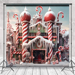 Lofaris Whimsical Candy House Photography Backdrop with Red and White Canes Snowy Winter Wonderland Holiday Decor