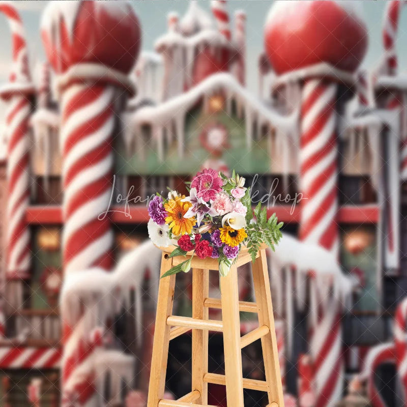 Lofaris Whimsical Candy House Photography Backdrop with Red and White Canes Snowy Winter Wonderland Holiday Decor