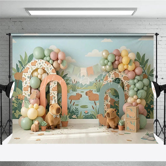 Lofaris Whimsical Capybara Jungle River Photography Backdrop with Pastel Balloons and Arches Birthday Baby Shower Party Decor