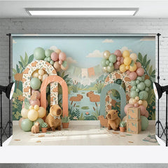 Lofaris Whimsical Capybara Jungle River Photography Backdrop with Pastel Balloons and Arches Birthday Baby Shower Party Decor