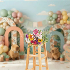 Lofaris Whimsical Capybara Jungle River Photography Backdrop with Pastel Balloons and Arches Birthday Baby Shower Party Decor