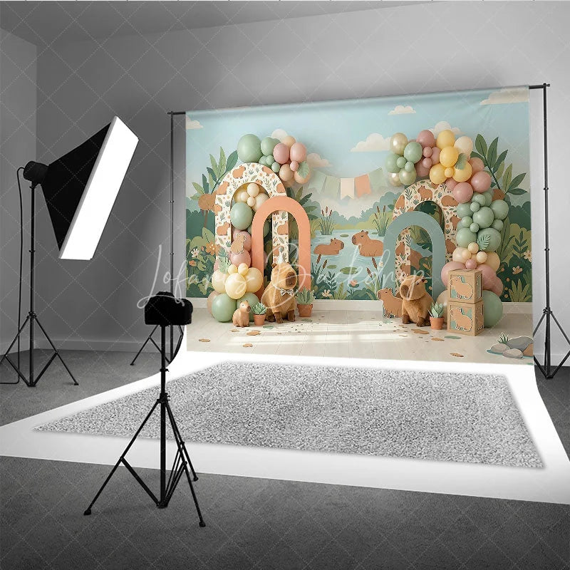 Lofaris Whimsical Capybara Jungle River Photography Backdrop with Pastel Balloons and Arches Birthday Baby Shower Party Decor