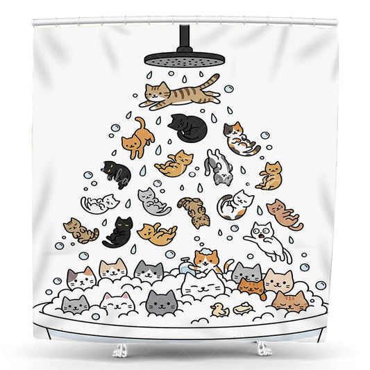 Lofaris Whimsical Cartoon Cats Shower Curtain Funny Kittens Playing in Bathtub with Bubbles Cute Bathroom Decor