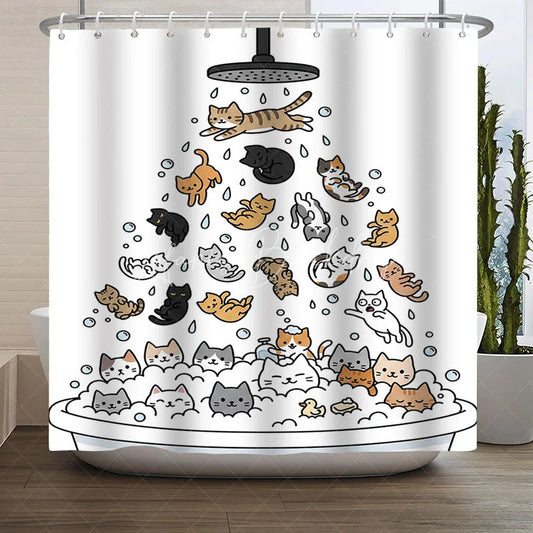 Lofaris Whimsical Cartoon Cats Shower Curtain Funny Kittens Playing in Bathtub with Bubbles Cute Bathroom Decor