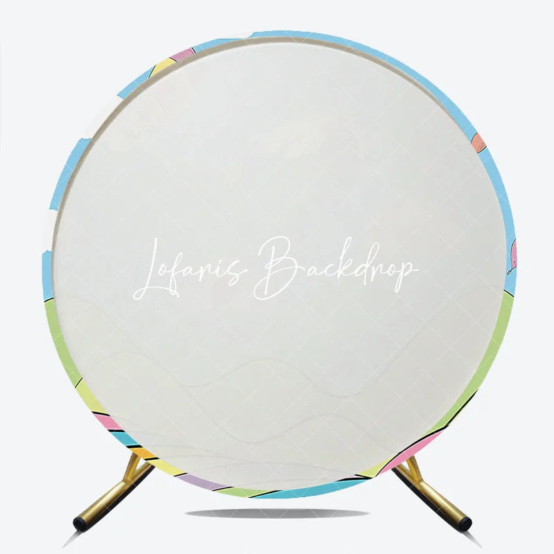 Lofaris Whimsical Cartoon Hot Air Balloon Round Backdrop Colorful Sky and Striped Hills for Kids Birthday Party