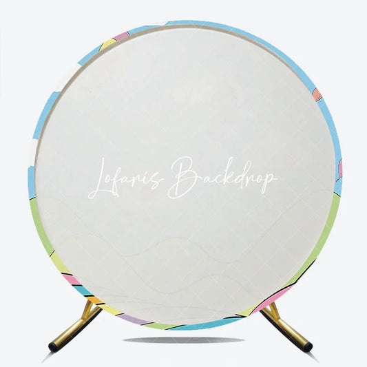Lofaris Whimsical Cartoon Hot Air Balloon Round Backdrop Colorful Sky and Striped Hills for Kids Birthday Party