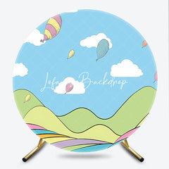 Lofaris Whimsical Cartoon Hot Air Balloon Round Backdrop Colorful Sky and Striped Hills for Kids Birthday Party