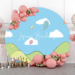 Lofaris Whimsical Cartoon Hot Air Balloon Round Backdrop Colorful Sky and Striped Hills for Kids Birthday Party