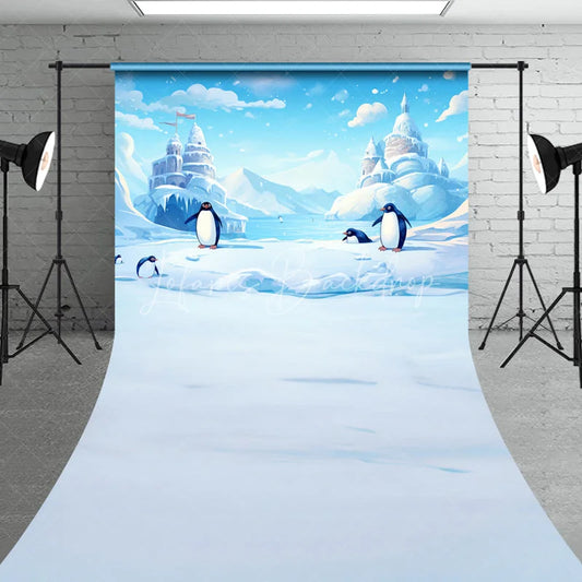 Lofaris Whimsical Cartoon Penguin Winter Wonderland Sweep Backdrop Icy Castle Landscape for Kids Party
