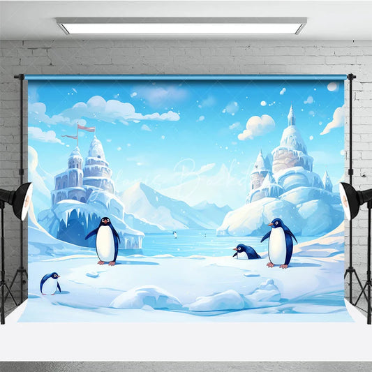 Lofaris Whimsical Cartoon Penguins and Ice Castle Photography Backdrop Winter Wonderland Arctic Scene for Kids