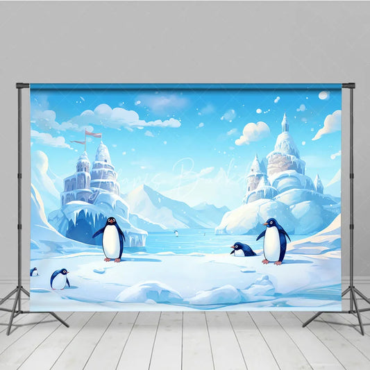 Lofaris Whimsical Cartoon Penguins and Ice Castle Photography Backdrop Winter Wonderland Arctic Scene for Kids