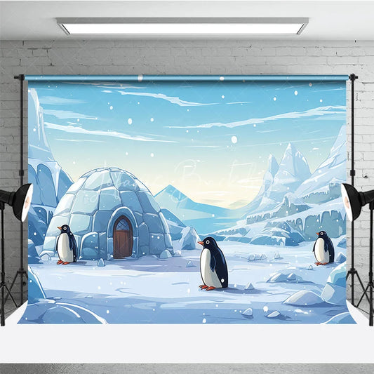 Lofaris Whimsical Cartoon Penguins and Igloo Winter Photography Backdrop Snowy Mountain Scene for Kids Party