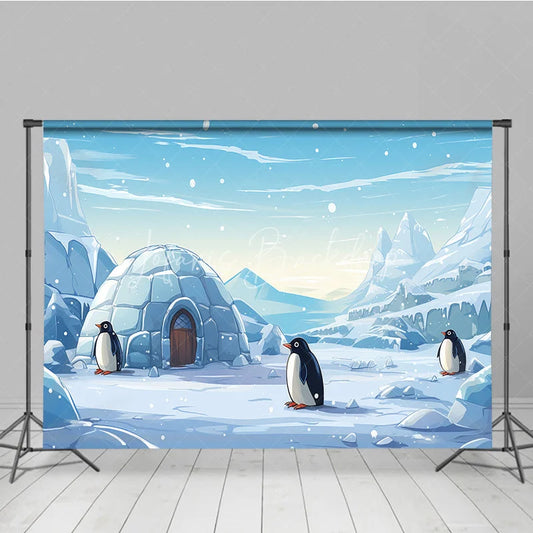 Lofaris Whimsical Cartoon Penguins and Igloo Winter Photography Backdrop Snowy Mountain Scene for Kids Party