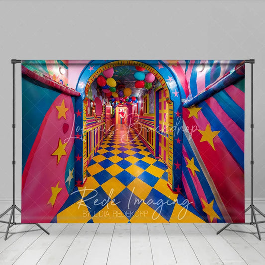 Lofaris Whimsical Checkered Hallway Fine Art Backdrop Colorful Balloons and Stars Photography Studio Background