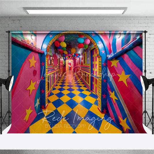 Lofaris Whimsical Checkered Hallway Fine Art Backdrop Colorful Balloons and Stars Photography Studio Background