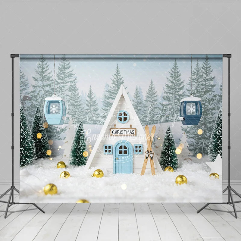 Lofaris Whimsical Christmas A-Frame Cabin Photography Backdrop Miniature Ski Lift in Snow Winter Holiday Photo Background