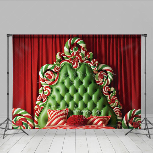 Lofaris Whimsical Christmas Headboard Photography Backdrop Green Tufted Bed with Candy Canes Candyland Photo Prop