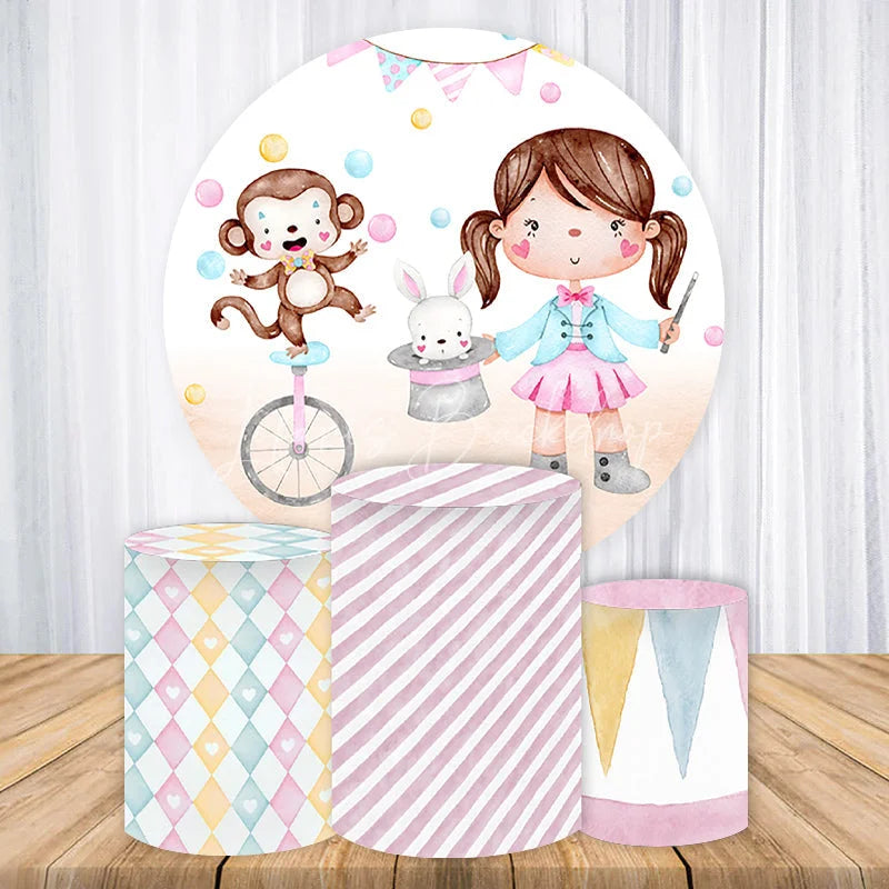 Lofaris Whimsical Circus Theme Round Backdrop Kit with Cute Girl Ringmaster Monkey and Bunny for Baby Shower Birthday Party