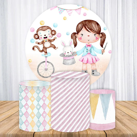 Lofaris Whimsical Circus Theme Round Backdrop Kit with Cute Girl Ringmaster Monkey and Bunny for Baby Shower Birthday Party