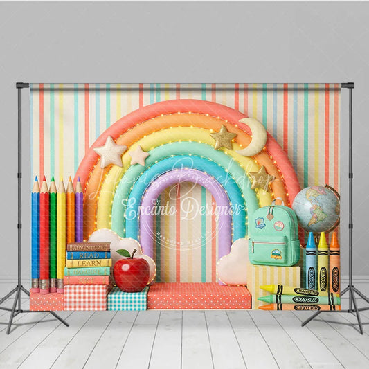 Lofaris Whimsical Colorful Rainbow School Photography Backdrop with Books Pencils and Globe for Back to Party