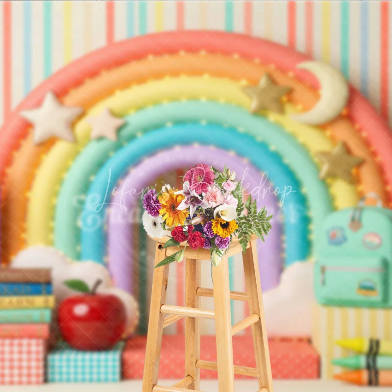 Lofaris Whimsical Colorful Rainbow School Photography Backdrop with Books Pencils and Globe for Back to Party