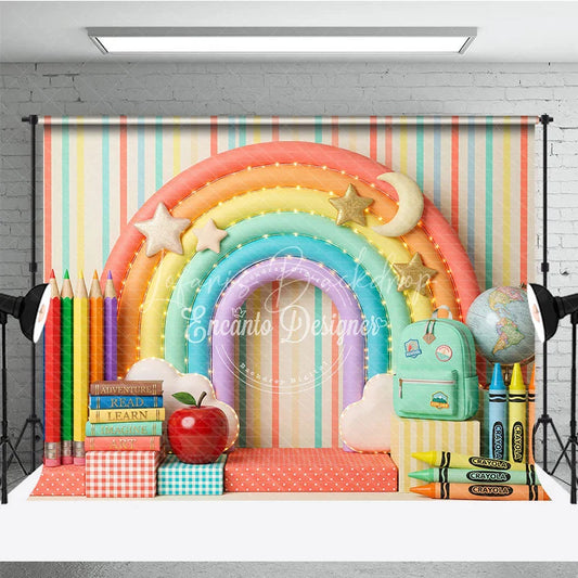Lofaris Whimsical Colorful Rainbow School Photography Backdrop with Books Pencils and Globe for Back to Party