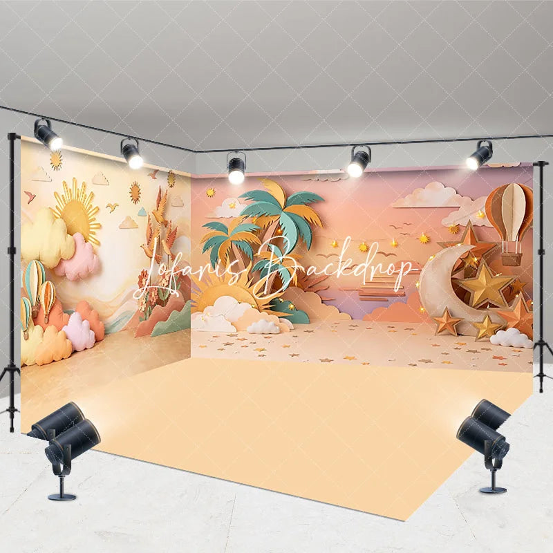 Lofaris Whimsical Desert Sunset Room Set Backdrop with Sun Clouds Moon Stars Hot Air Balloons Baby Kids Photography