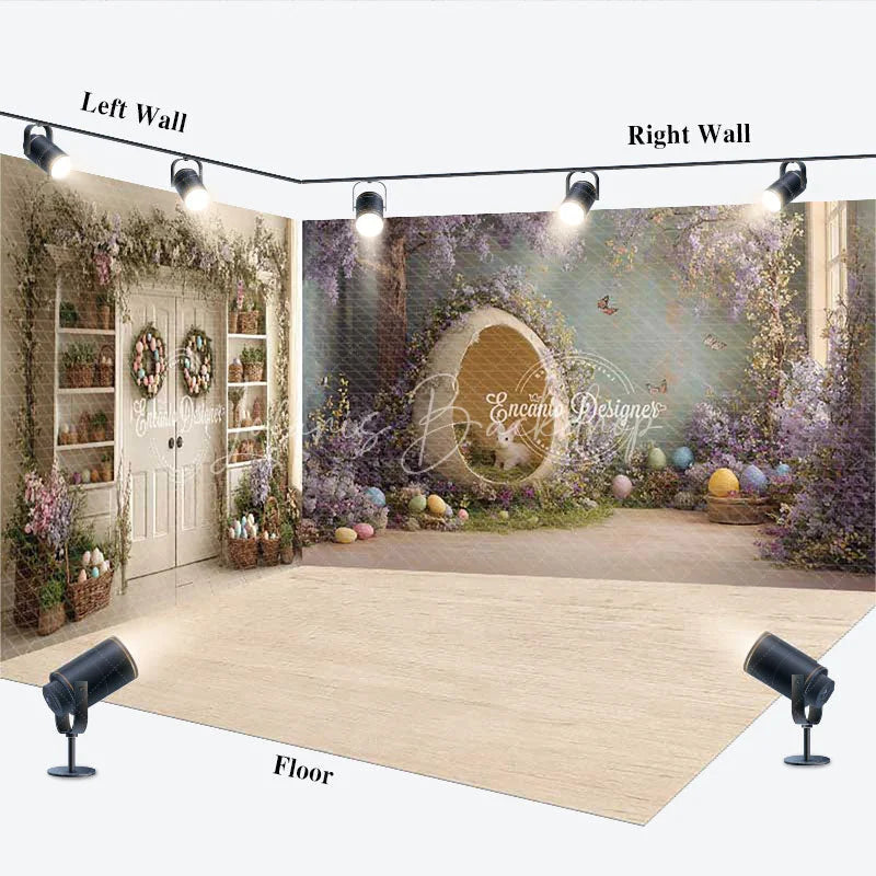 Lofaris Whimsical Easter Room Set Backdrop with Bunny in Egg Purple Wisteria and Floral Garlands for Spring Party
