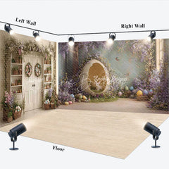 Lofaris Whimsical Easter Room Set Backdrop with Bunny in Egg Purple Wisteria and Floral Garlands for Spring Party