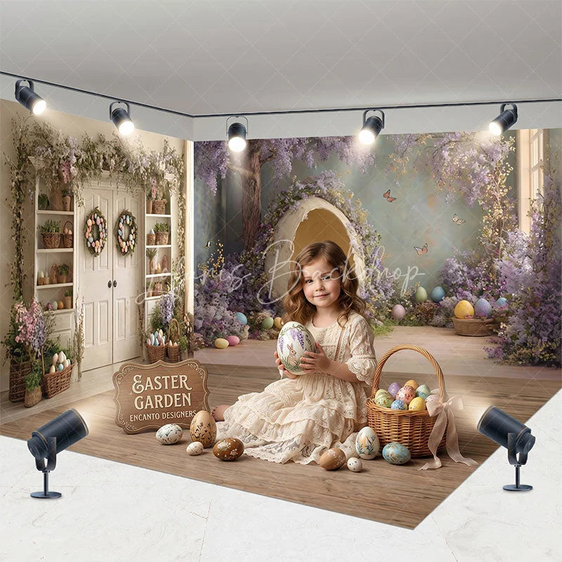 Lofaris Whimsical Easter Room Set Backdrop with Bunny in Egg Purple Wisteria and Floral Garlands for Spring Party
