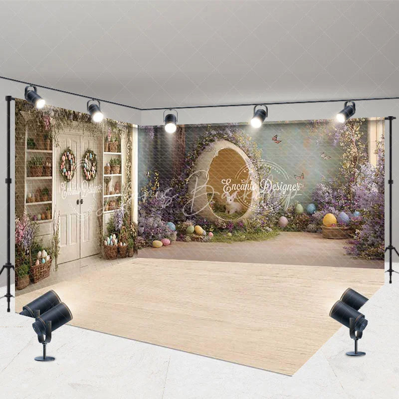 Lofaris Whimsical Easter Room Set Backdrop with Bunny in Egg Purple Wisteria and Floral Garlands for Spring Party